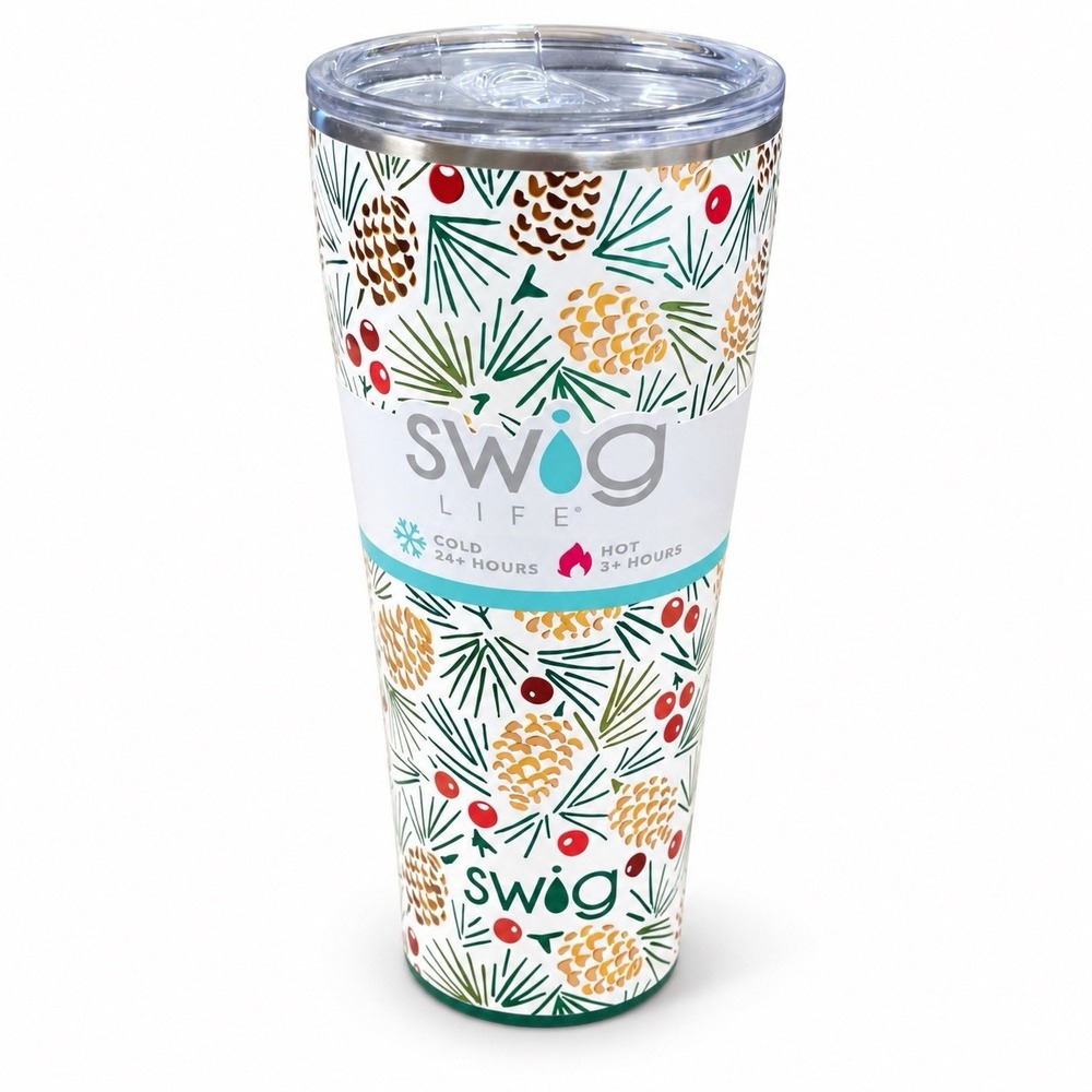 Swig Life All Spruced Up 32 oz Insulated Tumbler Christmas Pinecones New